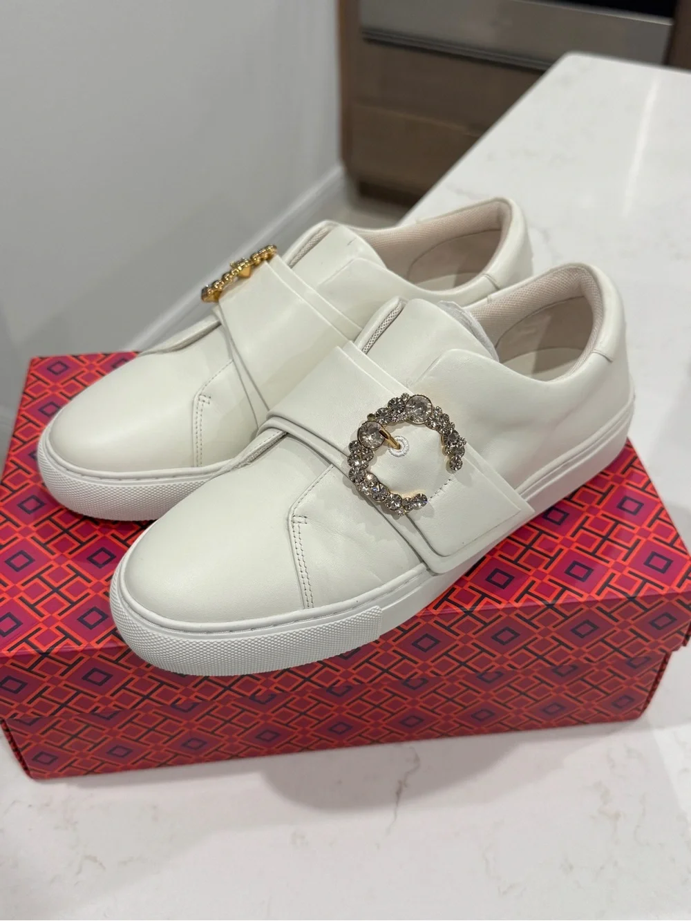Tory Burch Greer Crystal-Buckle Leather Sneakers